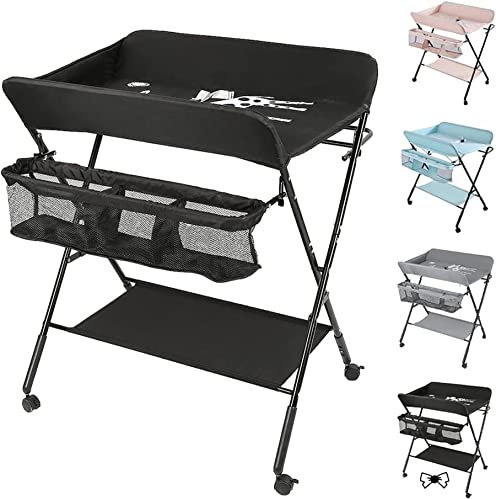Wickeltisch für Babys, faltbar, Wickelkommode für Baby, tragbar, Wickelkommode mit Kissen, mit Rollen, mobiler Wickeltisch mit Wickelauflage, 80 x 66 x 98 cm (schwarz)