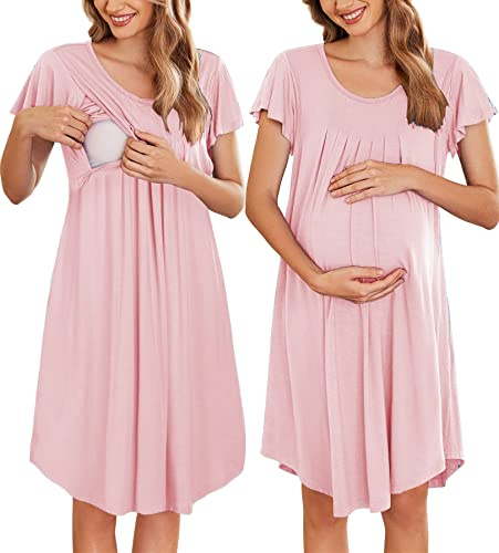 Ekouaer Nursing Nightgown Labor and Delivery Gown Hospital Breastfeeding Dress for Women Short Sleeve Maternity Sleepwear Pink Medium