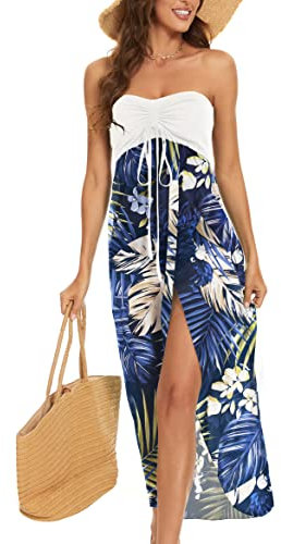 Damen Strandkleid Sommer Maxi Sommerkleid Trägerlos Hawaii Cover Ups Asymmetrische Wickelkleider, Marineblau Blatt Blume, X-Groß