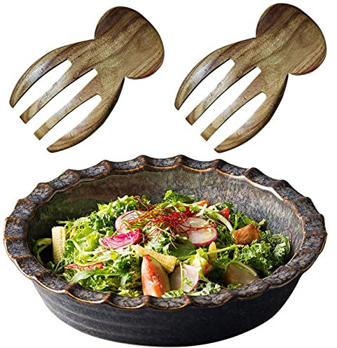 BOSUGE Pasta-Salatschüssel aus Keramik, große Servierschüssel, 28 cm, extra große Salatschüsseln mit Salatlöffel, Tiefe Servierschüssel für Obst oder Salat, schwarz, 1500 ml
