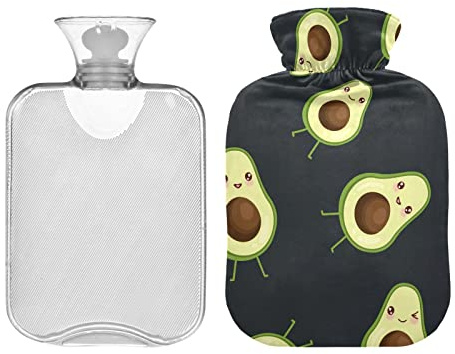 Schwarze niedliche lächelnde Avocado-Muster Wärmflasche mit weichem Bezug, 1 Liter Wärmbeutel zur Linderung von Nacken- und Schulterschmerzen, Periodenwärmer für Krämpfe