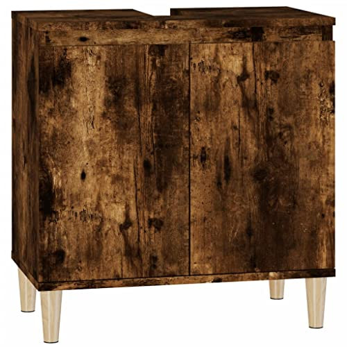 vidaXL Meuble d'Évier, Armoire de Lavabo avec Compartiment et Pieds, Meuble sous Lavabo avec Portes Salle de Bain, Scandinave, Chêne Fumé Bois d'Ingénierie