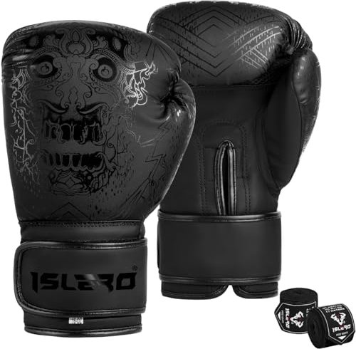 Islero Guantes de boxeo negros mate para hombre, saco de boxeo para mujer, artes marciales, muay thai, kickboxing, sparring, guantes de lucha con vendas para las manos (negro, 10 onzas)