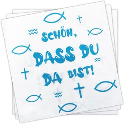 Servietten Fisch Blau Kommunion Deko - 20 Stück 33 x 33cm Papierservietten mit Spruch Schön Dass Du Da Bist, Servietten Taufdeko Tisch Deko für Junge Konfirmation Kommunion Taufe Tischdeko (Blau)
