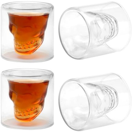 Totenkopf Gläser Set 4 Stück Schädel Schnapsgläser Skull Shotgläser Lustig Shot Gläser Glas Tequila Gläser Shot Glasses Schnapsglas Shotglas für Kalte Heiße Getränke Cola Gläser Espressogläser (150ML)