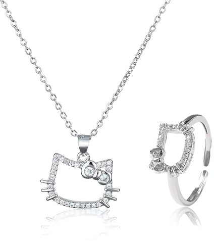 NHPY 2 Stück Hello Kitty Kette, Schmuck Set, Set Ring Und Kette Für Hallo Kitty, Diamant Katze Halskette,Kawaii Bogen Kätzchen Anhänger Halskette,Jewelry, Geschenke Für Mädchen