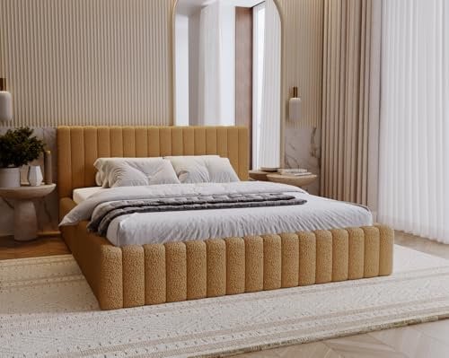 Emporius Billo Polsterbett 180x200cm - mit Lattenrost, Stauraum, Bettzeugkasten, Kopfteil - Bettgestell, Rahmen - Doppelbett - Schlafzimmer, Jugendzimmer - Boucle Orange