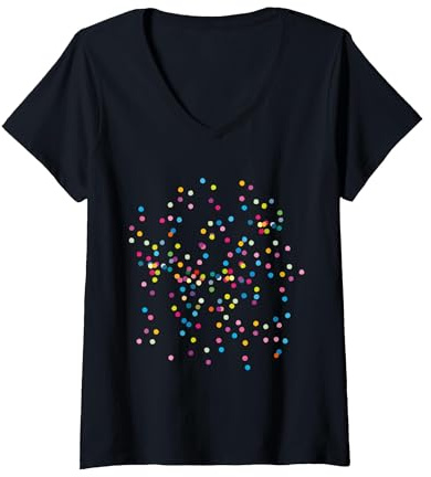 Damen Konfetti für Fasching, Karneval, Geburtstage. Bunte Punkte T-Shirt mit V-Ausschnitt