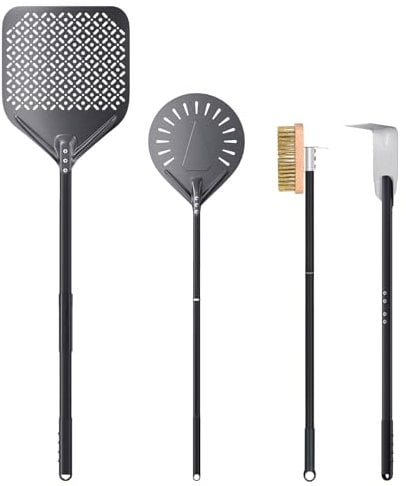 NUTUNI 12 Zoll Perforierter Pizzaschieber 9 Zoll Pizzaschaufel aus Hart Eloxiertes Aluminium, 4er Pizzaofen-Set, Pizzaofenbürste, Ascherechen, Holzofen Pizzaofen Zubehör für Zuhause, Restaurant