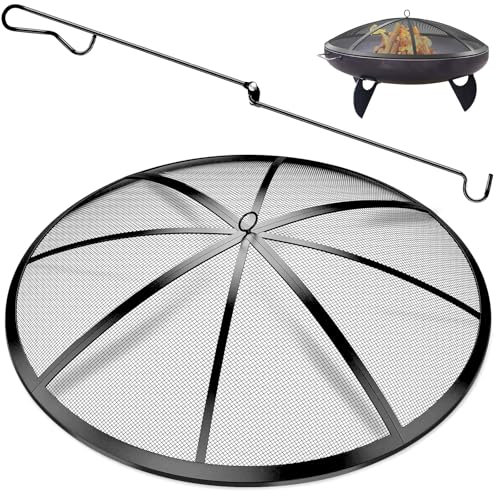 POEPRH - Paravento per braciere da esterno, pieghevole, con manico e attizzatoio, 12 barre rinforzate, copertura rotonda in rete di acciaio resistente, per cortile, spiaggia, camper e campeggio