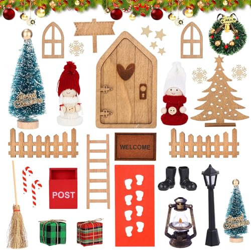 AQXONG 33Pcs Kit Porta Elfo di Natale, Decorazione per Porta degli Elfi di Natale, Kit Natalizio in Miniatura Fai da Te, Decorazione per Porta dello Gnomo di Natale, Kit Elfi Scherzi Natalizi