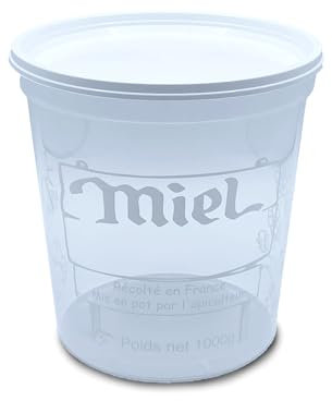 Lot de 10 Pots en Plastique avec Couvercles de 1kg, Nicot impression 1 Couleur (PEP), Pots pour Conditionner le Miel ou autre utilisation Alimentaire, Prêts à l’emploi. FABRIQUER EN FRANCE