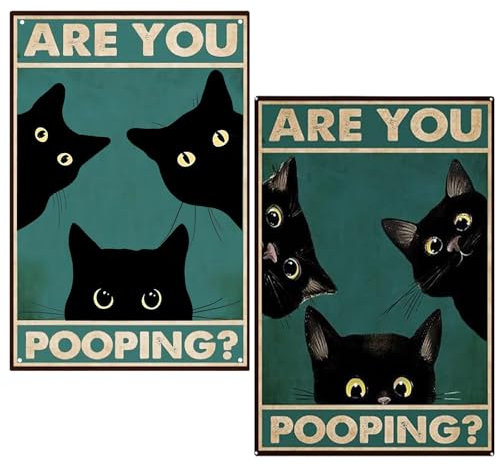 Lustige Badezimmer Wanddekoration, 2 Stück Katze Schild, Vintage Poster Blechschild, Badezimmer Wanddekoration, Schwarze Katze mit Englischem Text Are You Pooping?“ Schwarze Katze Logo (20x30cm)