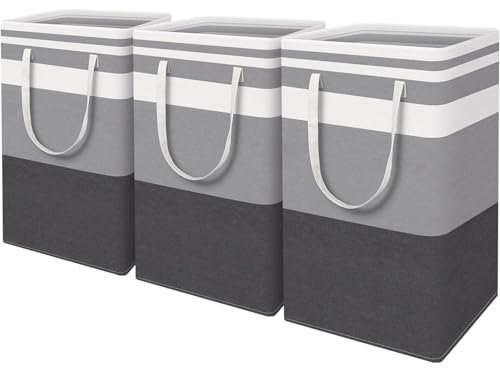 3 Große Wäschesammler, Wäschesack 75 Liter, wasserdicht und freistehend, zusammenklappbar, hoher Wäschekorb, verlängerte Griffe, ideal für Kleidung