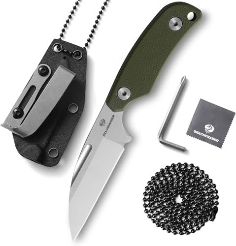DRACHENADER cuchillo de exterior, acero D2, 7,6 cm de hoja de pata de cordero, espiga completa, mini cuchillo de cuello con funda de Kydex, cadena de bolas, clip de cinturón