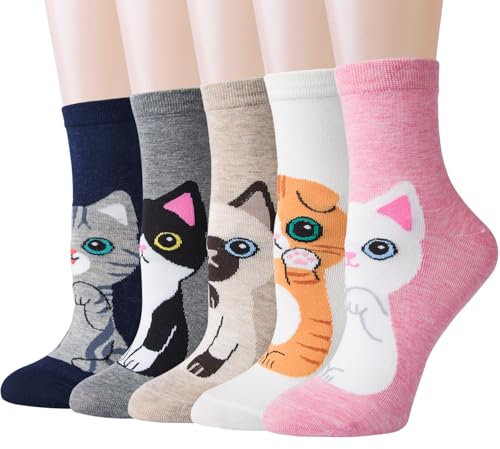5 Paires Femmes Chaussettes Mignonnes Chaussette Hiver en Coton Motif à Animaux Chat Chien Kawaii(Chat Rose)