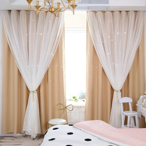 Lirzxin Vorhänge Lichtundurchlässig mit Ösen 214 cm Lang, Gardinen Lichtundurchlässig Beige Gelb Doppelschicht mit Hohl Stern Vorhang für Schlafzimmer Wohnzimmer 96x214 cm(B×H), 2er Set