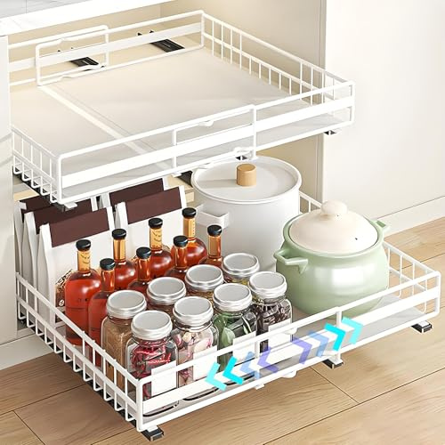 TOJUNE 2 Pezzi Cassetto Estraibile Cucina, Cassetti Estraibili per Cucina | Autoadesivi/Perforatori Organizer Dispensa Cucina, Cassetto Regolabile in Larghezza con 3 Guide (Bianco) (Set M+L)