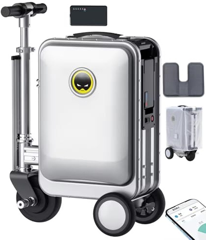 flatpincololee SE3S Silber Selbstfahrender Koffer, fahrbarer Koffer 20'' mit Sitzpolster/Staubschutzhülle, APP-Steuerung, Tragkraft 110 kg, Einziehbar nach Oben und unten sowie vorne und hinten