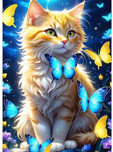 DPHERO DIY Orangefarbene Katze Diamant Painting Kits Bilder für Erwachsene Anfänger,5D Schmetterling Diamond Painting Set,DIY Runde Steine Diamant Kunst Kits, Diamant Art für Zuhause Dekor 30x40 cm