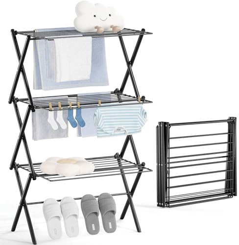 KINGBOARD 3-Etagen Klappbarer Wäscheständer Schwarz | mit 10m Trockenlänge, 15kg Tragkraft, 24 Stangen, platzsparend für Balkon, Garten & Innenraum