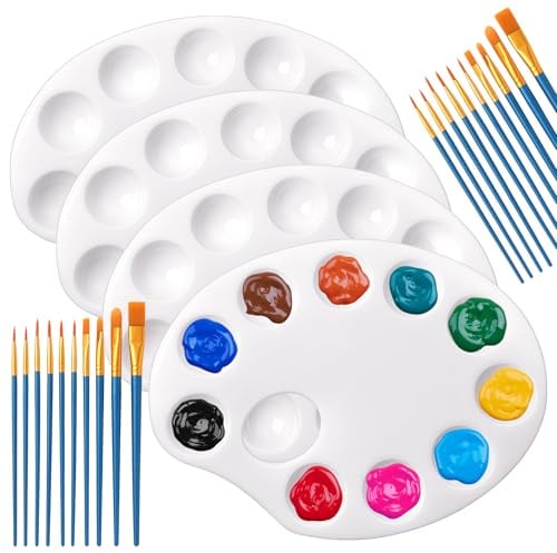 Varenzya 4 Stück Mischpalette mit 20 Stück Pinsel, Mischen | Farbmischpalette mit 10 Mischfeldern, Malerpalette mit Griffloch, Acrylfarben, Palette Malen,für Malen und Bastelarbeiten