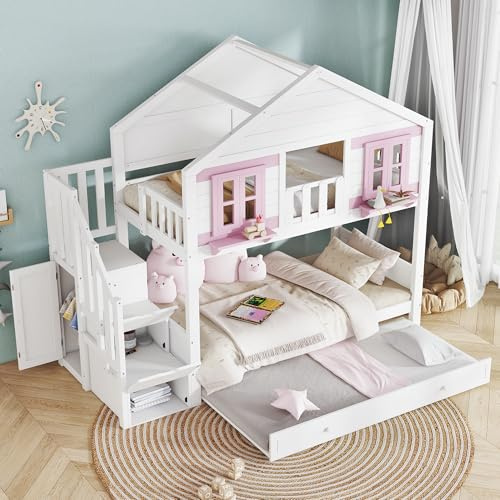 RIAZOS Kinderbett 90x200 cm, Etagenbett für 3 Kinder, Stauraumtreppe mit Stange, Multifunktionsbett mit Ausziebett, Hausbett mit Fenster und Dach, Weiß+Rosa, ohne Matratze