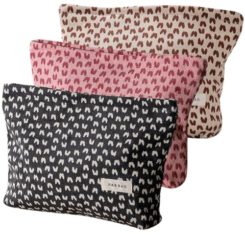 HTTDSLF Petite Trousse de Toilette Femme Pochette Maquillage en Tissu Sac à Cosmétiques à Glissière Portable pour Rangement Quotidien Voyage Bureau - Ensemble 3 Pièces Motif Cœur (Noir, Rose, Marron)