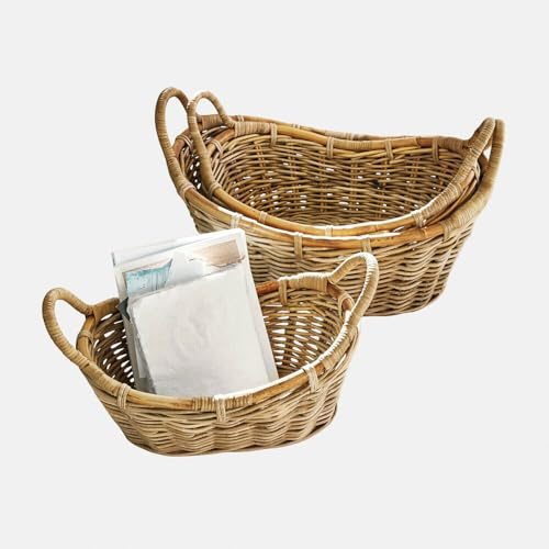 Loberon Korb 3er Set Gavelle - Unterschiedliche Größen - Stapelbar - mit Seitlichen Griffen - Aufbewahrung - Ordnungshelfer - Rattan, braun