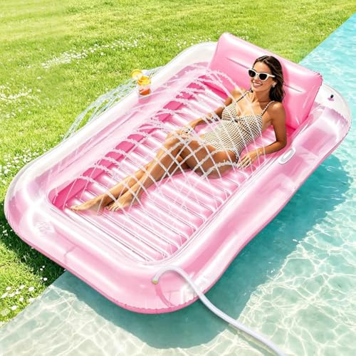 Aufblasbare Tanning Pool, Aufblasbarer Luftmatratze Pool Erwachsene, Aufblasbares Sonnenpool mit Kissen, Luftmatratze Wasser mit Eingebautem Sprinkler für Erwachsene Badebett & Wasserparty (Rosa)