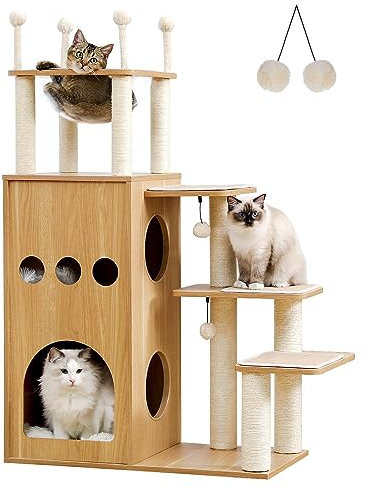 PAWZ Road Kratzbaum, hölzern Katzenbaum, luxuriös Kratzbaum groß, ein schönes Schloss für Katzen 130cm hoch