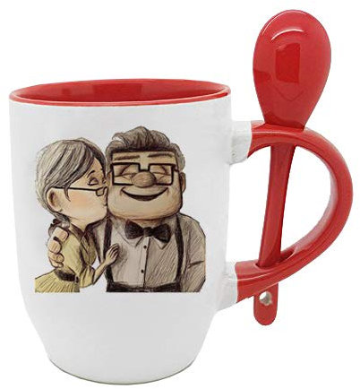 Carl and Ellie up Themed Coffee Tea Cocoa Soup Daily use Mug Birthday Party gage Keepsake C Handle Unique Ceramic Cup Mug. (Red Spoon)