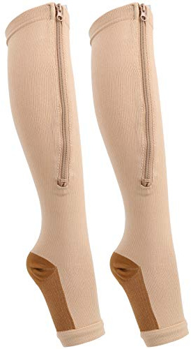Keenso Calze a compressione, con zip a metà polpaccio, calze a compressione sottili per donne e uomini, al ginocchio con punta aperta, supporto fermo vene varicose graduate