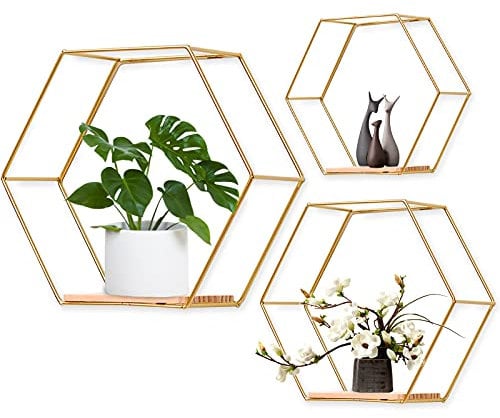 LMYDIDO Set of 3 Hexagon Wall Shelves, Hanging Shelves, Metal and Wood Floating Shelves, Wall Storage Organiser for Kitchen Shelf, Bathroom, Bedroom, Wall Decoration (Gold)