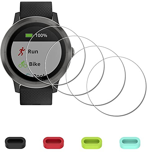 iDaPro [4 Pack] Screen Protector for Garmin Vivoactive 3 Watch (Not for Vivoactive 3 Music) + Silicone Anti-dust Plugs Tempered Glass Anti-Scratch Bubble-Free Easy Installation