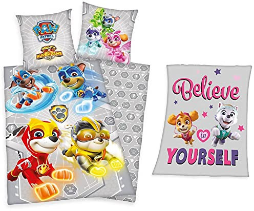 rainbowFUN.de PAW Patrol: Mighty Pups Bettwäsche-Set 135x200 80x80 und Fleecedecke 130x160 Herding