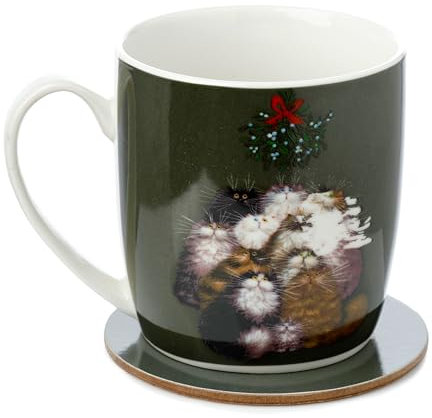 Puckator Kim Haskins 12 Cats of Christmas Porcelain Tea Coffee Mug & Coaster Set Funny Home Accessories Cute Gifts for Girlfriend Large Mugs for Men Women Hot Drinks Cups Presents Secret Santa Gift
