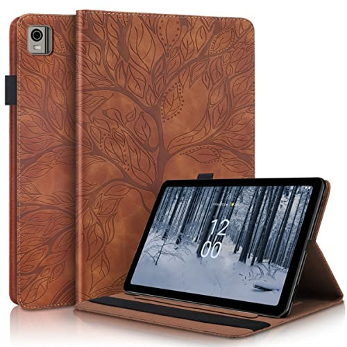 LMFULM® Hülle für Nokia T21 (10,4 Zoll) PU Lederhülle Tasche Case mit Auto Schlaf/Wach Ständer Schutzhülle Flip Cover Prägung Fröhlicher Baum Braun