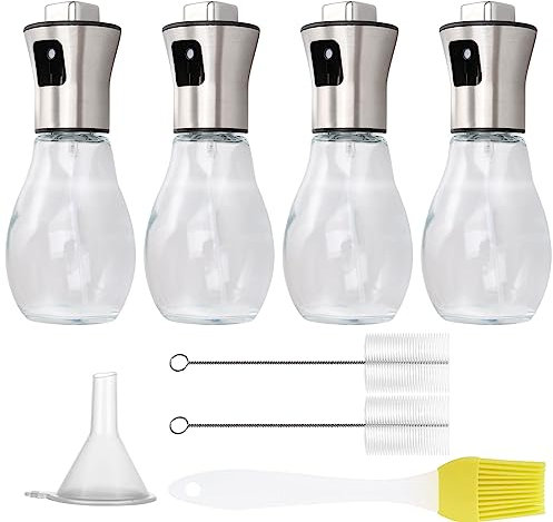 YAYODS 4PCS Olive Oil Spray Bottle, 200ml Cooking Oil Vinegar Sprayer, Transparent Glass Bottle Olive Oil Dispenser with Brush and Funnel for Air Fryer Kitchen Cooking Salad BBQ Grilling