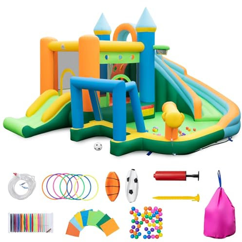GYMAX Castello Gonfiabile per Bambini, Parco Acquatico con Piscina, Doppie Scivole, Parete da Arrampicata, Cannone d'Acqua, Basket, Calcio, Palle Oceaniche e Gioco dell'Anello, Combo Casa Rimbalzante