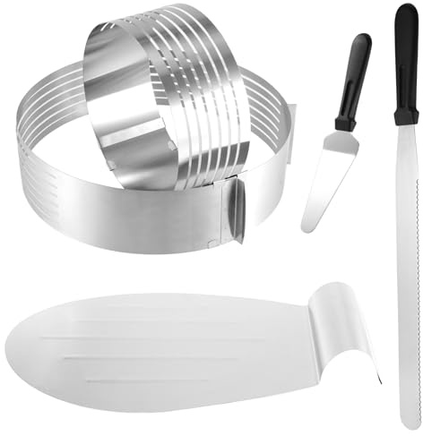 HEIYUET Juego de 5 Piezas de Ayuda de Corte para Tartas, Juego de Accesorios para Tartas con Base de Pastel, Ayuda de Corte Ajustable de 6-8 Pulgadas, Cuchillo de pastelería, Servidor de Pasteles