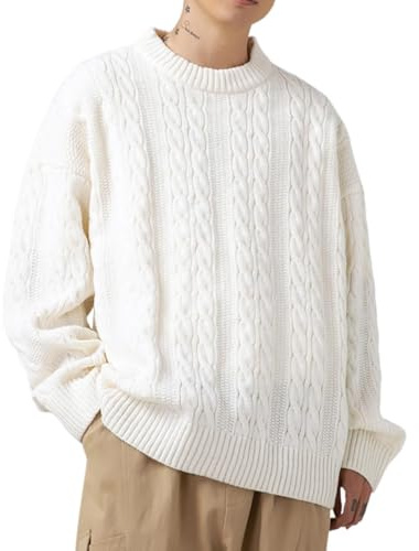 POHADON Maglione vintage da uomo a maglia grossa con trecce vintage girocollo a maniche lunghe oversize pullover felpe autunno inverno 2025, bianco, XL