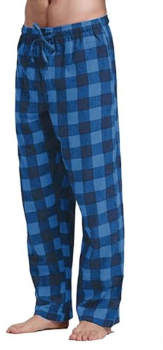 Bas de Pyjama Homme Long Décontracté pour la Maison en Coton - Pantalon de Nuit de Noël en Flanelle à Carreaux (Blue-A, M)