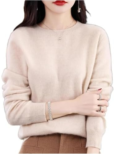 JIABAOZ Maglione in Cashmere da Donna Maglione Girocollo in Cashmere Maglione Pullover Lavorato a Maglia a Maniche Lunghe e Morbide Maglioni Invernali Caldi e Larghi per Donna (2XL,Beige)