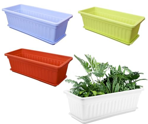 FAAING Lot de 4 pots de fleurs rectangulaires multicolores de 43 cm avec soucoupe - Jardinière de jardin - En plastique - Pour extérieur, jardin, balcon, terrasse