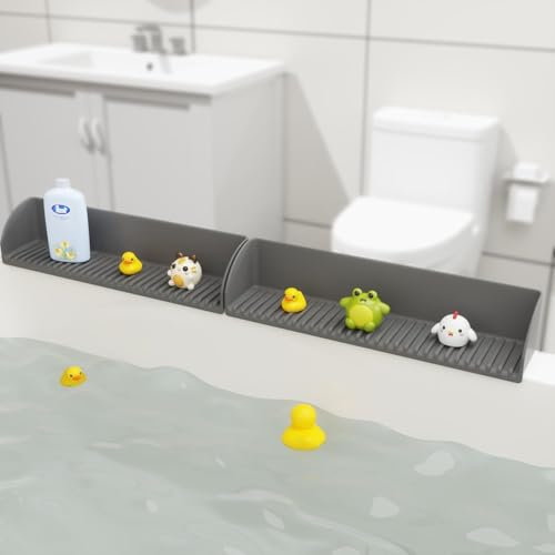 Bathtub Splash Guard for Tub - 2Pack Silicone Tub Water Splash Guard with 4 Suction Cups, Bath Toy Holder, Tub Play Shelf for Kids, Bathtub Side Splash Guard Tray, Toddler Bathroom Essentials,Grey