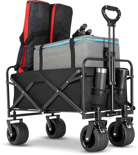 XXL Bollerwagen Faltbar, 150L 225KG Belastbar Bollerwagen mit 4 Verstärkten Rollen, 360° Geländeräder, Faltwagen Strandwagen mit 2 Getränkehalter 10cm Reifen für Camping Strand Einkaufen (Schwarz)