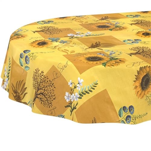 Wachstuchtischdecke Tischdecke abwaschbar Wachstischdecke pflegeleicht wasserabweisend Lotuseffekt Gartentischdecke Sonnenblume Oval 220 x 140 cm Schnittkante