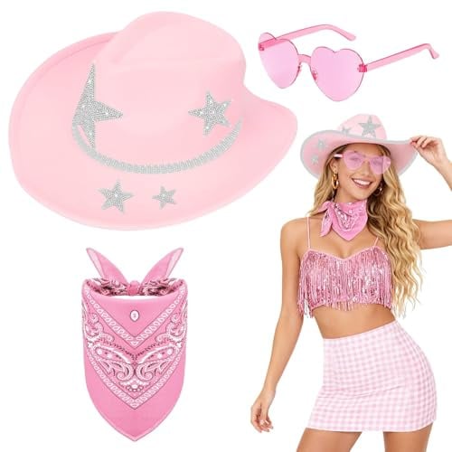 Glirop 8 Stück Western Cowboyhut Zubehör Set, Cowboy Kostüm Accessoire Kit mit Cowboyhut Bandana Brille Sternenaufkleber Strassaufkleber für Herren Damen Karneval Halloween Partys (Rosa)
