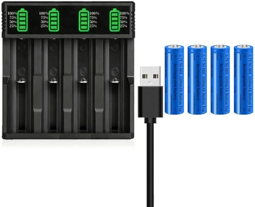 18650 Akku Ladegerät mit 4 Pack 3,7V 3200mAh Akku Button Top NI-MH, 4-Soll LCD Smart Schnell Aufladen USB Batterieladegerät für 10440 14500 16340 18650 26650 Li-ion Wiederaufladbarer Akkus